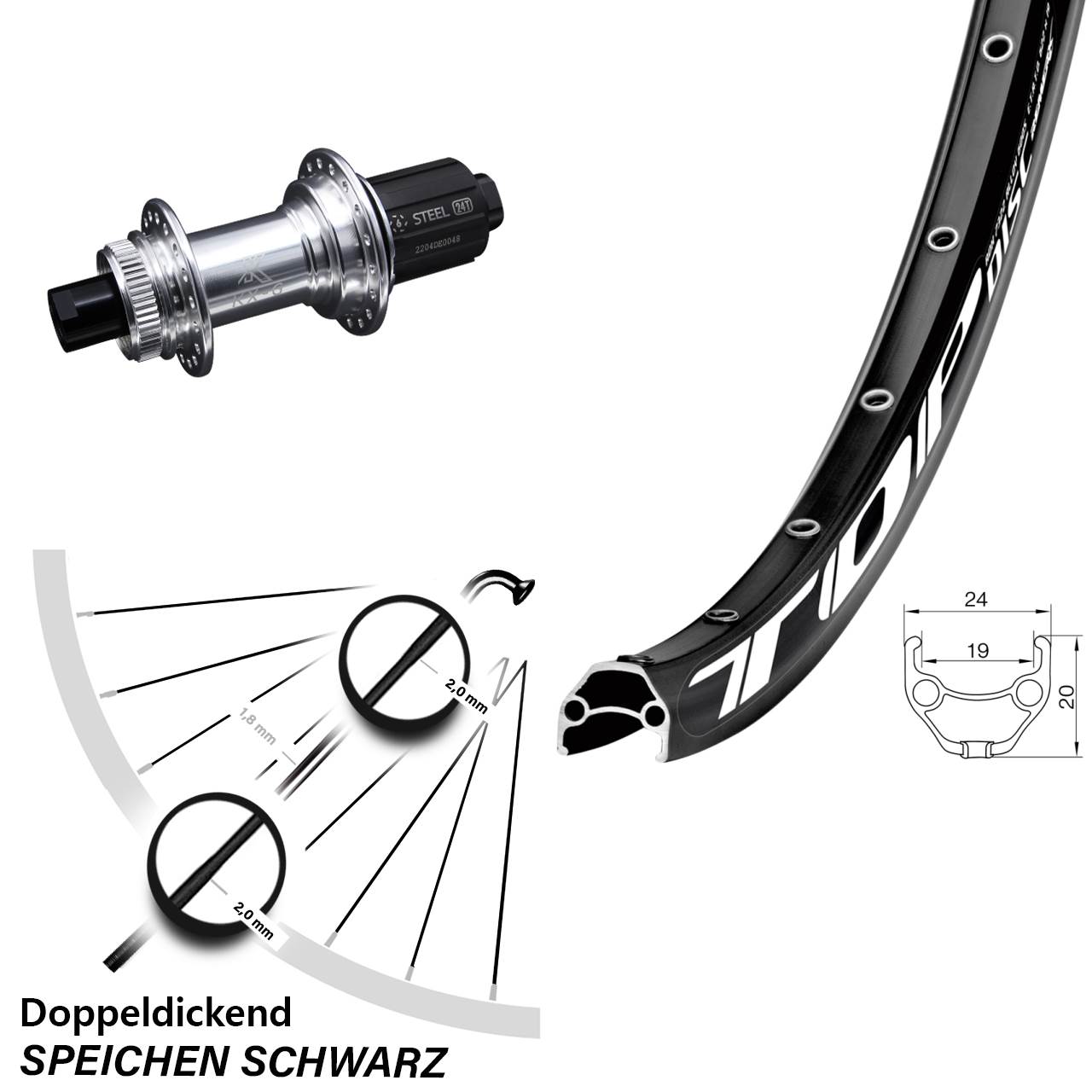 26 Zoll Hinteres Rad Remerx Disc mit KX-GS silbern Steckachse 12x142 mm Centerlock
