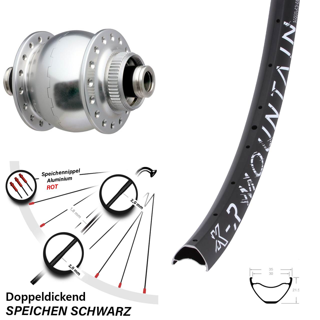 Disc Nabendynamo-Laufrad 27,5 Zoll KX-R Mountain SON 28 silbern 12x100