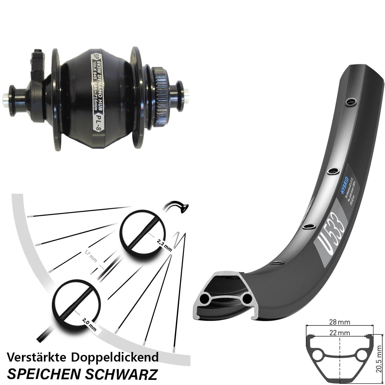 Disc Nabendynamovorderrad 26 Zoll DT Swiss U 533 Shutter PL-8 für Schnellspanner
