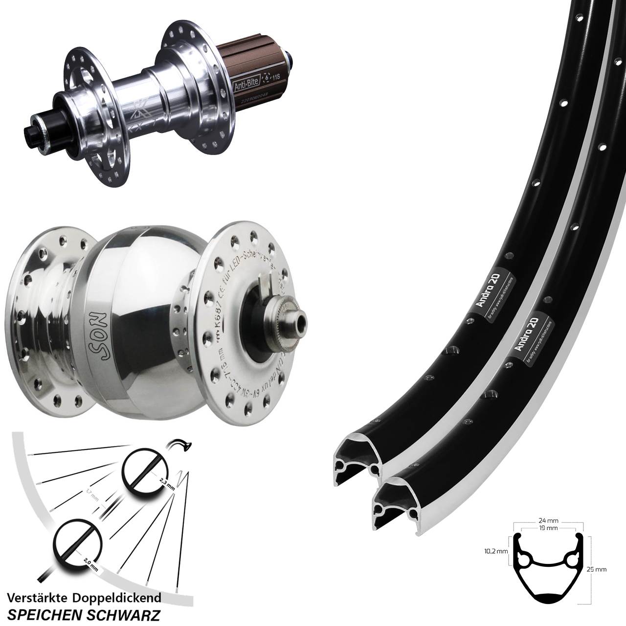 Ryde Andra 20 KX-T SONdelux wide body 28 Zoll Laufrad-Satz für Schnellspanner 8-12 fach HG