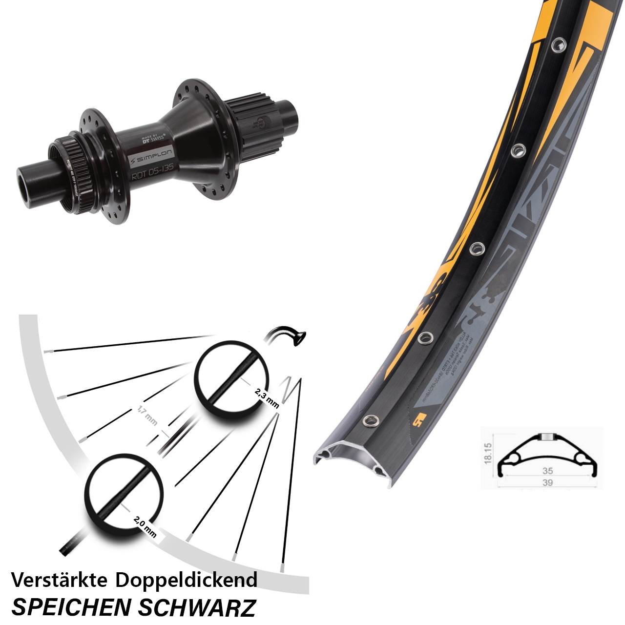 Centerlock Hinterrad 27,5 Zoll Rodi TRYP 35 DT Swiss 370 Hybrid Micro Spline 12x142