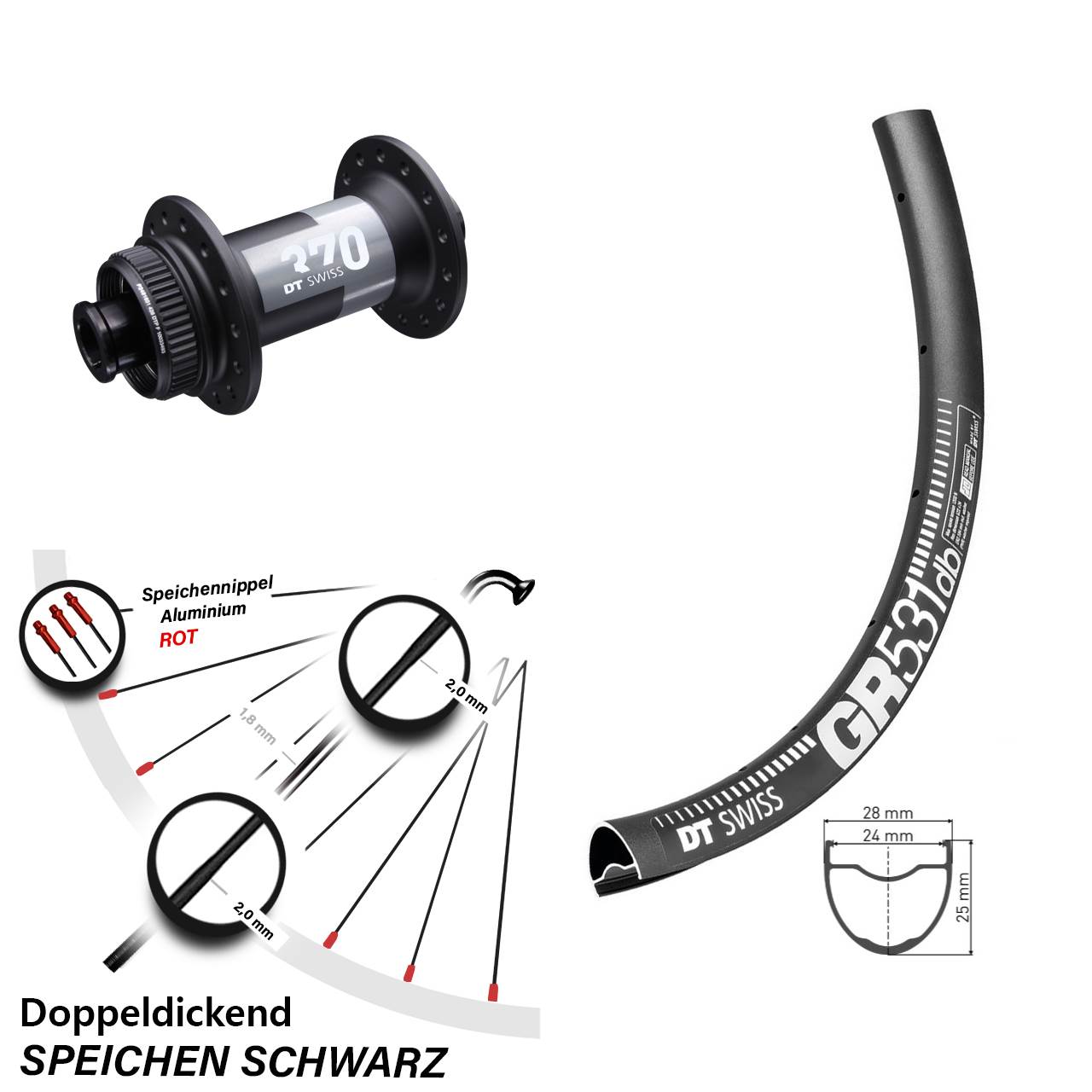 GR 531 DT Swiss 370 Centerlock 12x100 mm Steckachse Vorderrad Gravel