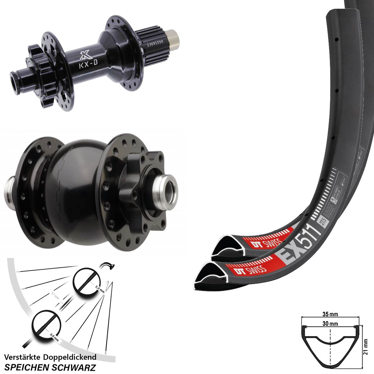 Laufradsatz 6-Loch 27,5 Zoll DT Swiss EX511 KX-B SON 28 Micro Spline 12x110/148 Boost