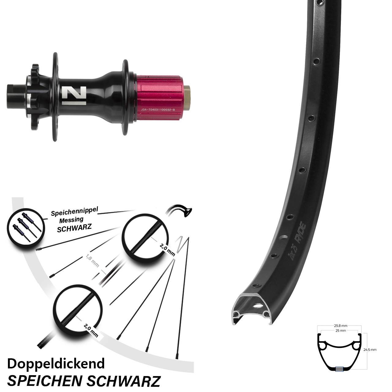 Ryde ZAC 25 Novatec D792 28 Zoll Hinterrad 6-Loch 12x142 8-12 fach