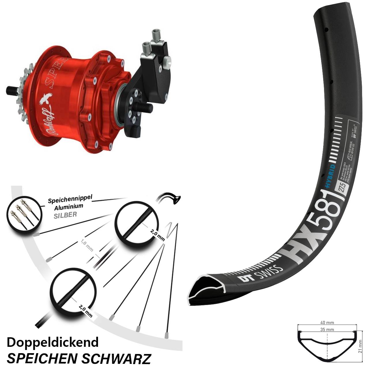 Disc Hinterrrad 27,5 Zoll DT Swiss HX 581 Rohloff 500/14 TS DB OEM Tandem rot