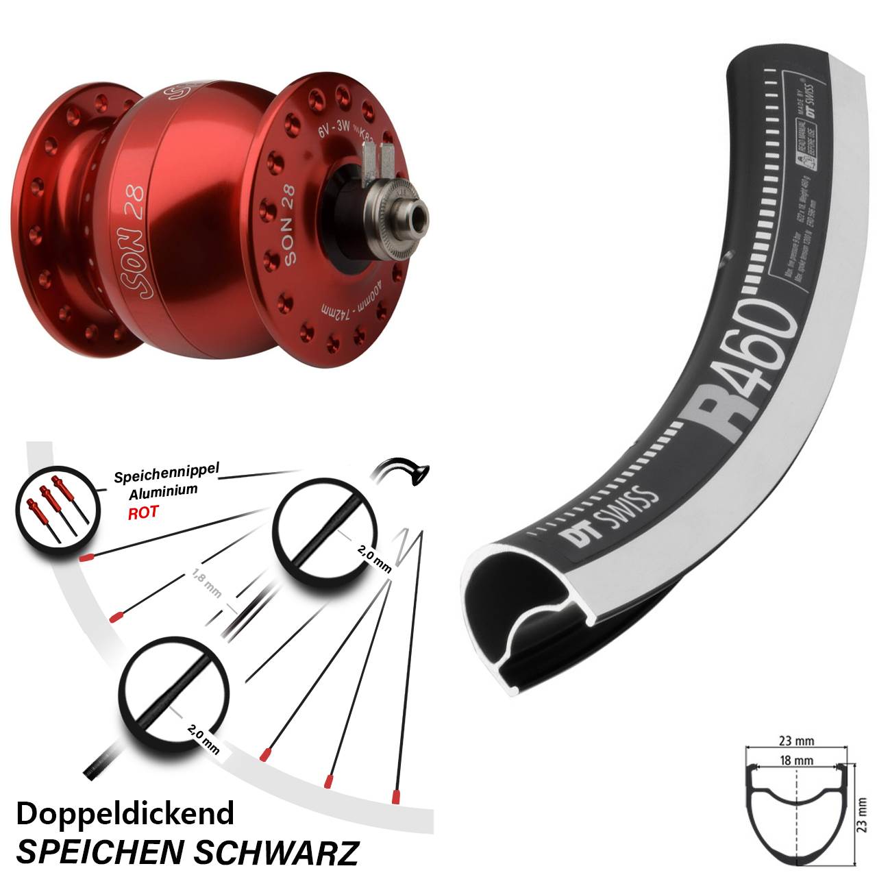28 Zoll Nabendynamo Vorderrad DT Swiss R 460 Son 28 rot