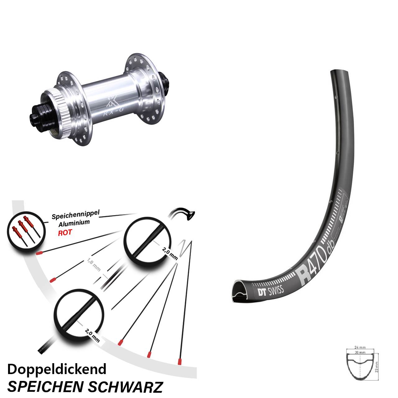 DT Swiss R 470 DB Vorderrad 28 Zoll mit KX-G silbern Schnellspanner 5x100 mm