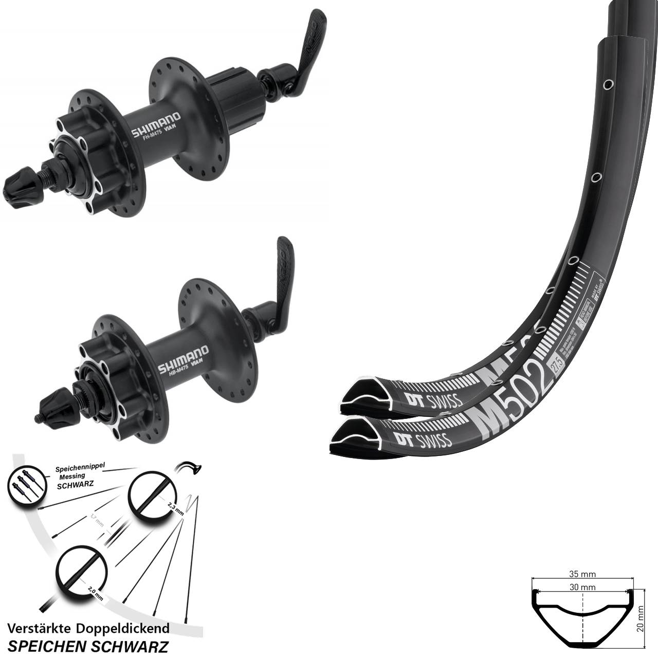 29 Zoll DT Swiss M502 Shimano HB-M475 FH-M475 Disc Laufrad-Satz QR 8-11 fach