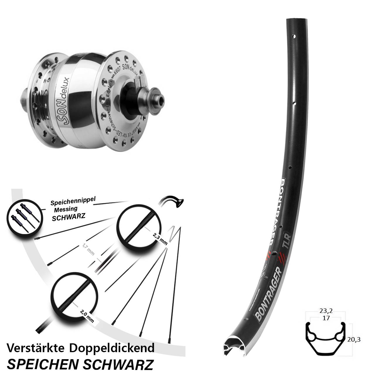 SON delux Bontrager TLR 28 Zoll Nabendynamovorderrad QR