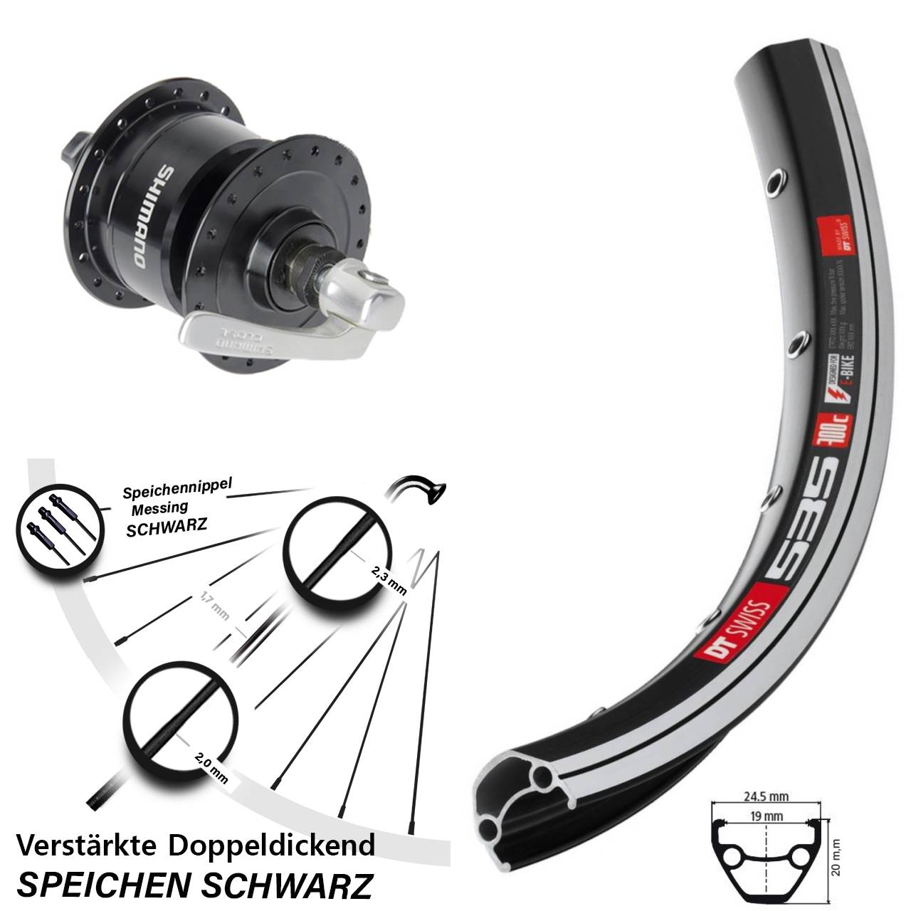 28 Zoll DT Swiss 535 Shimano DH-3N72 Nabendynamovorderrad für Schnellspanner