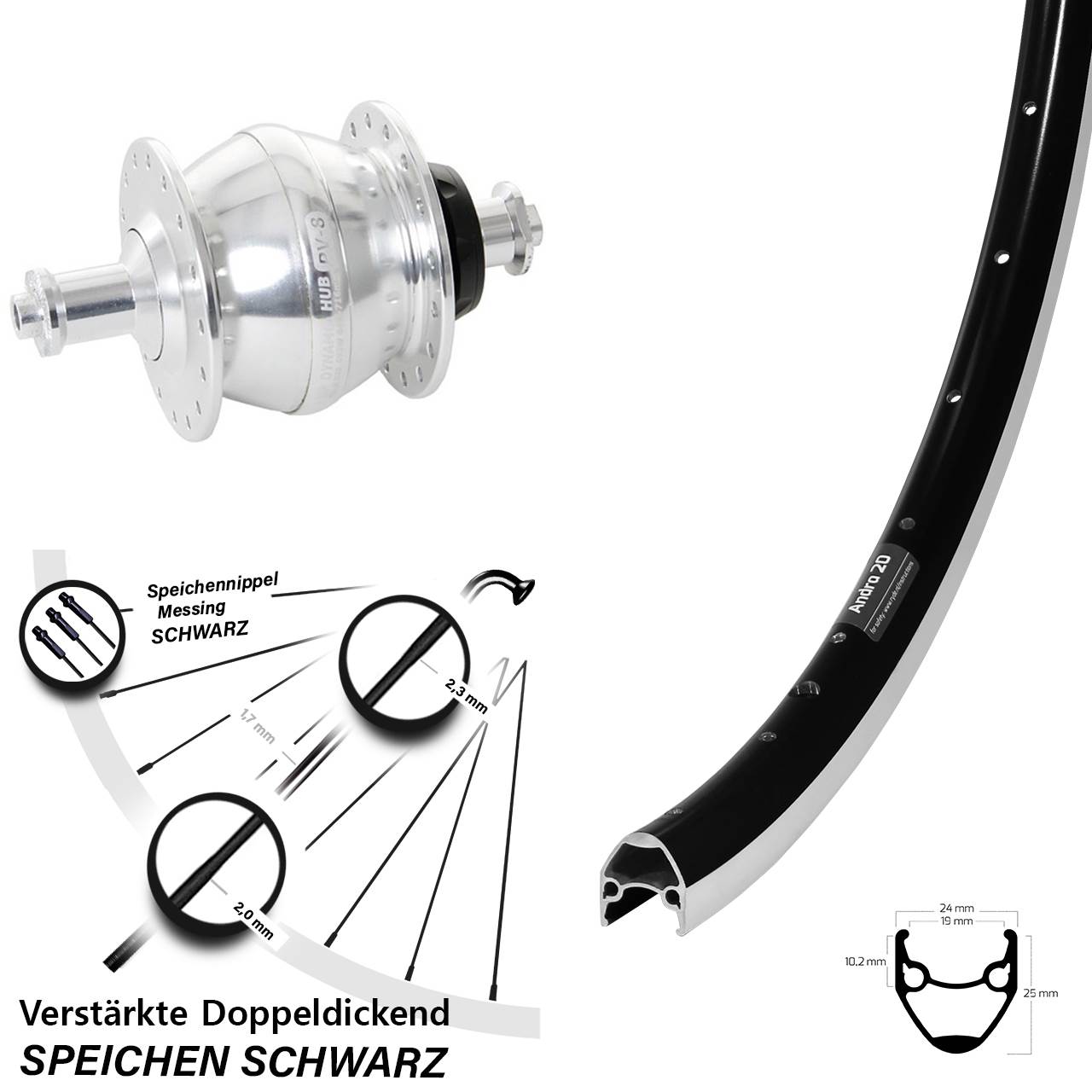 28 Zoll Vorderrad mit Shutter Precision PV-8 Nabendynamo Ryde Andra 20