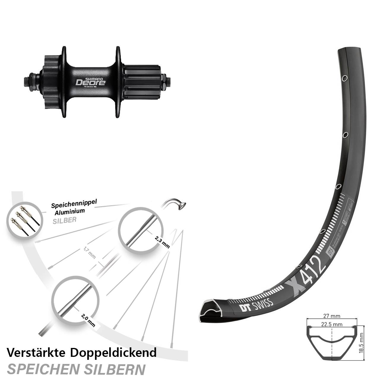 6-Loch Hinterrad 29 Zoll DT Swiss X412 Shimano Deore FH-M525 8-11 fach für Schnellspanner