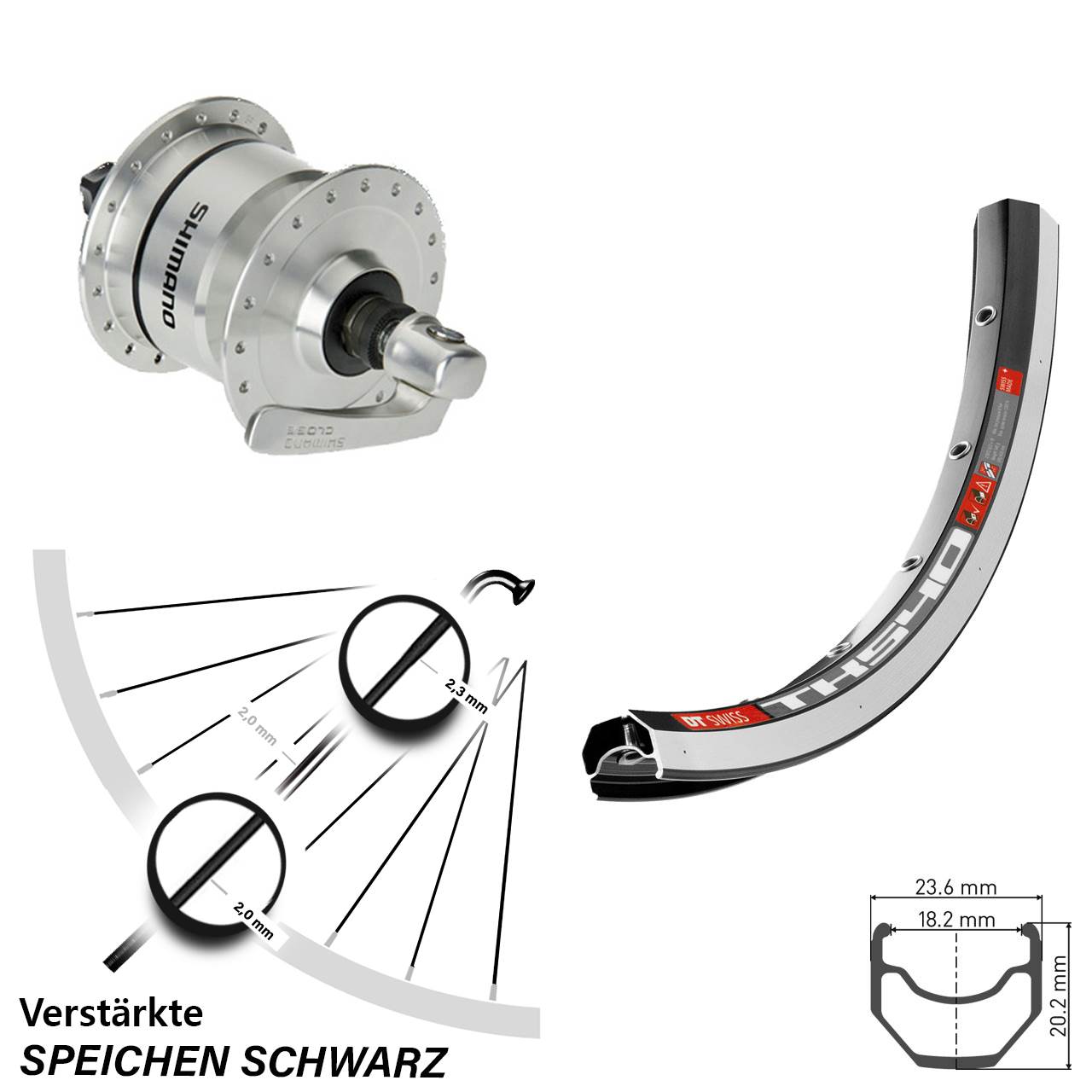 Vorderrad mit Nabendynamo 28 Zoll DT Swiss TK 540 Shimano DH-3N72 QR