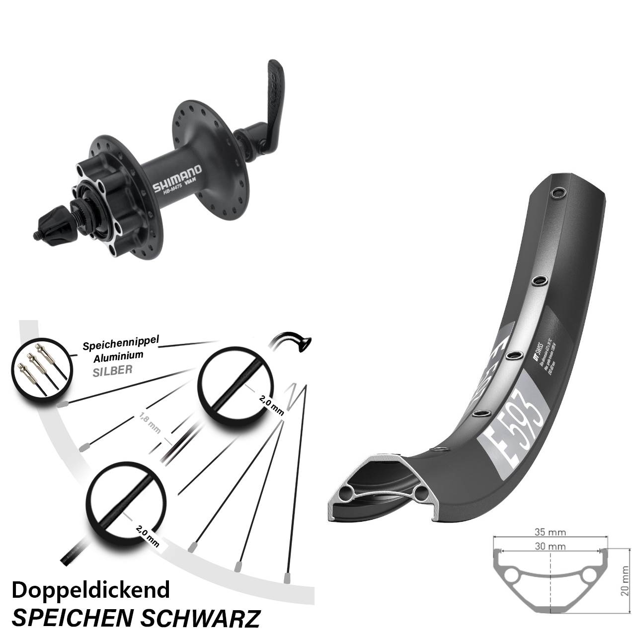 27,5 Zoll DT Swiss E593 Shimano Alivio Disc Vorderrad für Schnellspanner