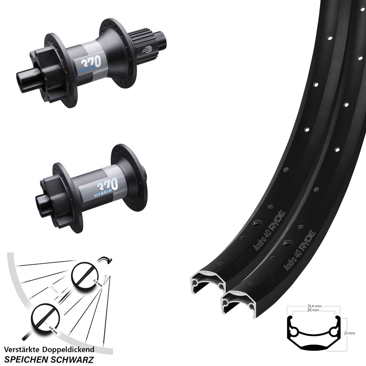 650B Ryde Andra 40 DT Swiss 370 Hybrid 6-Loch Laufradsatz Boost Micro Spline