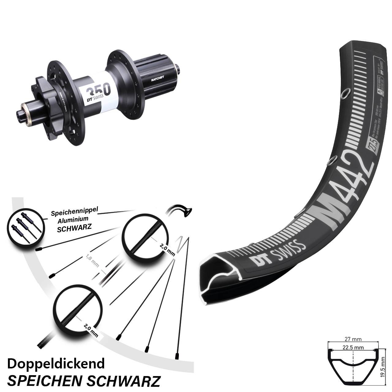 Hinterrad M 442 DT Swiss 350 5x135 mm 6-Loch Disc 29 Zoll Schnellspanner 8-11 fach
