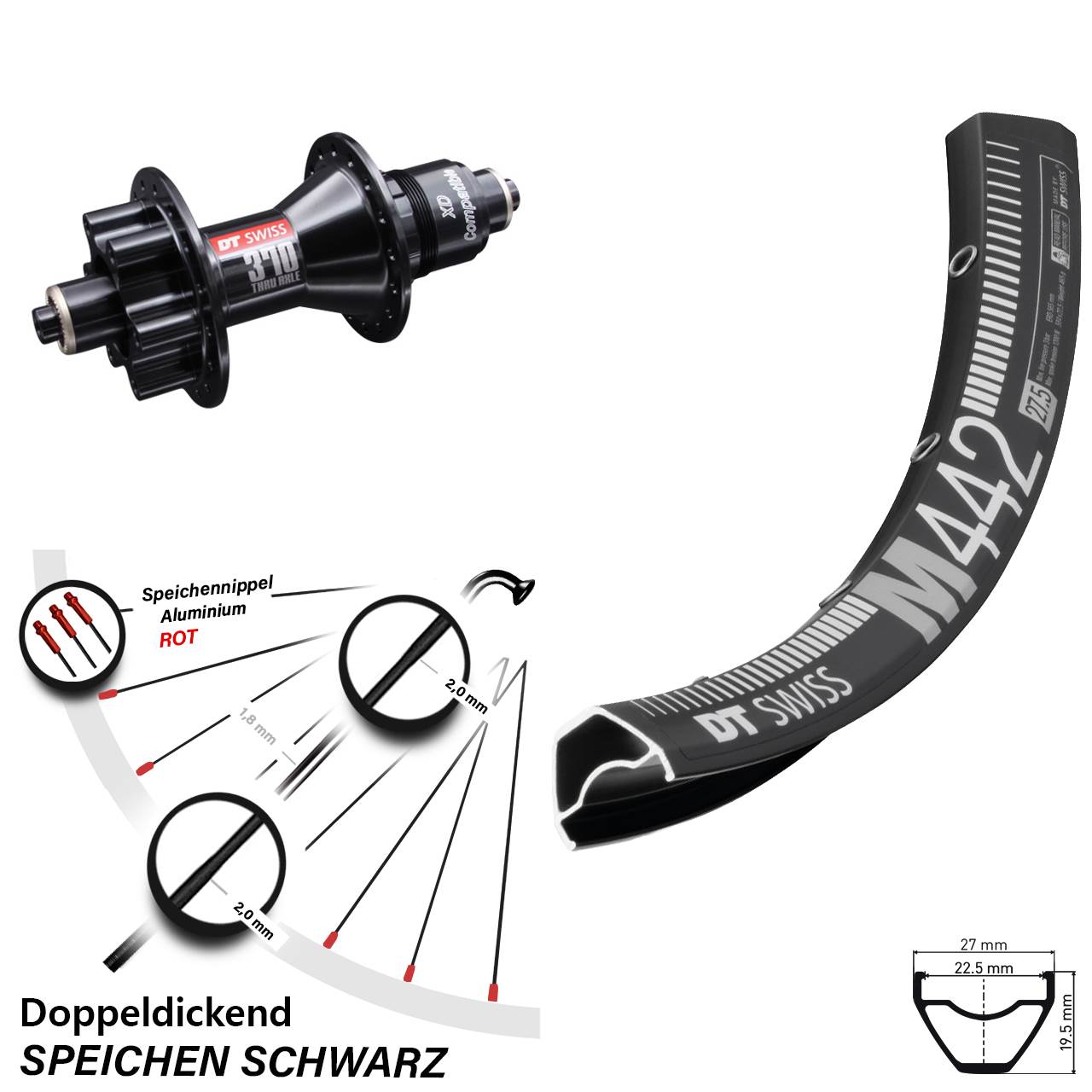 schwarzes 29 Zoll Hinterrad M 442 DT Swiss 370 6-Loch Sram XD 5x135 mm