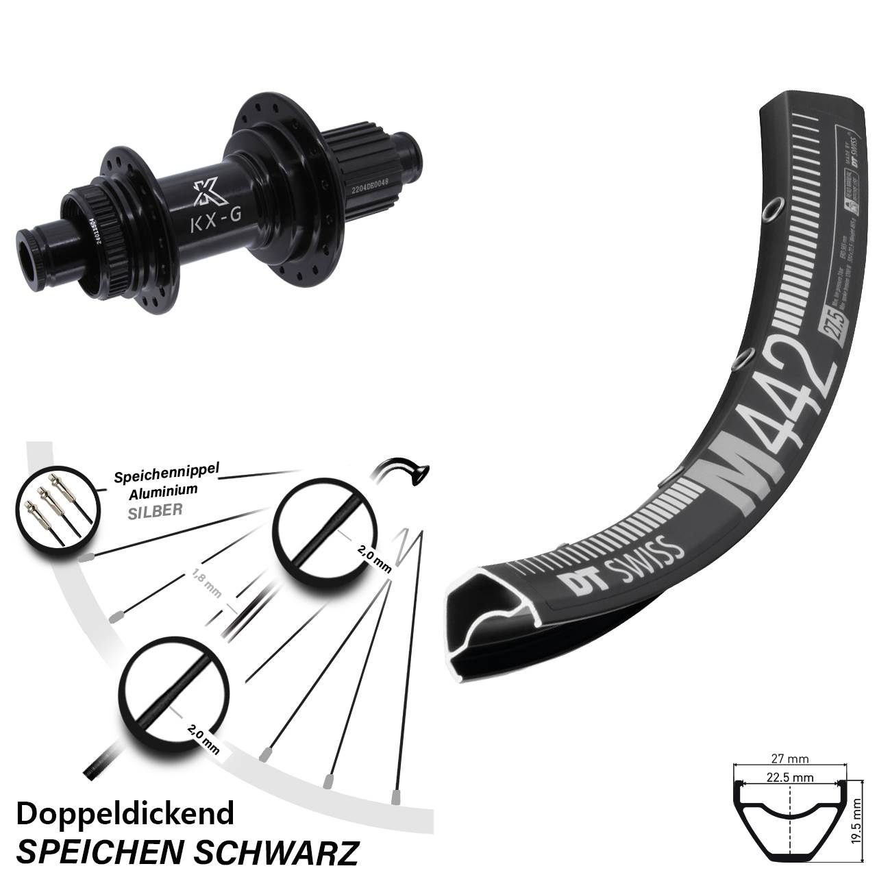 28 Zoll DT Swiss M 442 Hinterrad KX-GS Micro Spline 12x142
