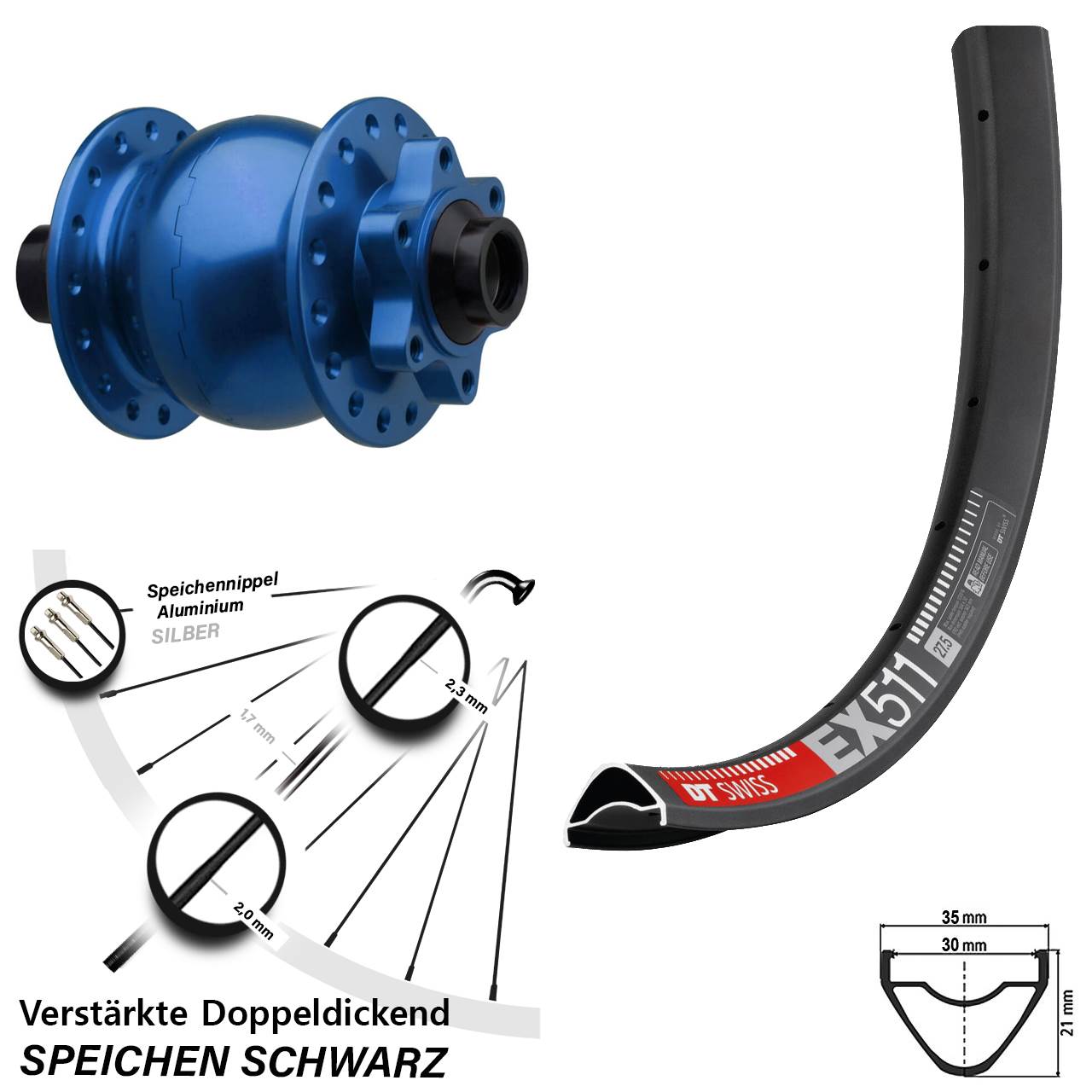SON 28 blau DT Swiss EX511 29 Zoll Vorderrad mit Nabendynamo 6-Loch 15x110 Boost