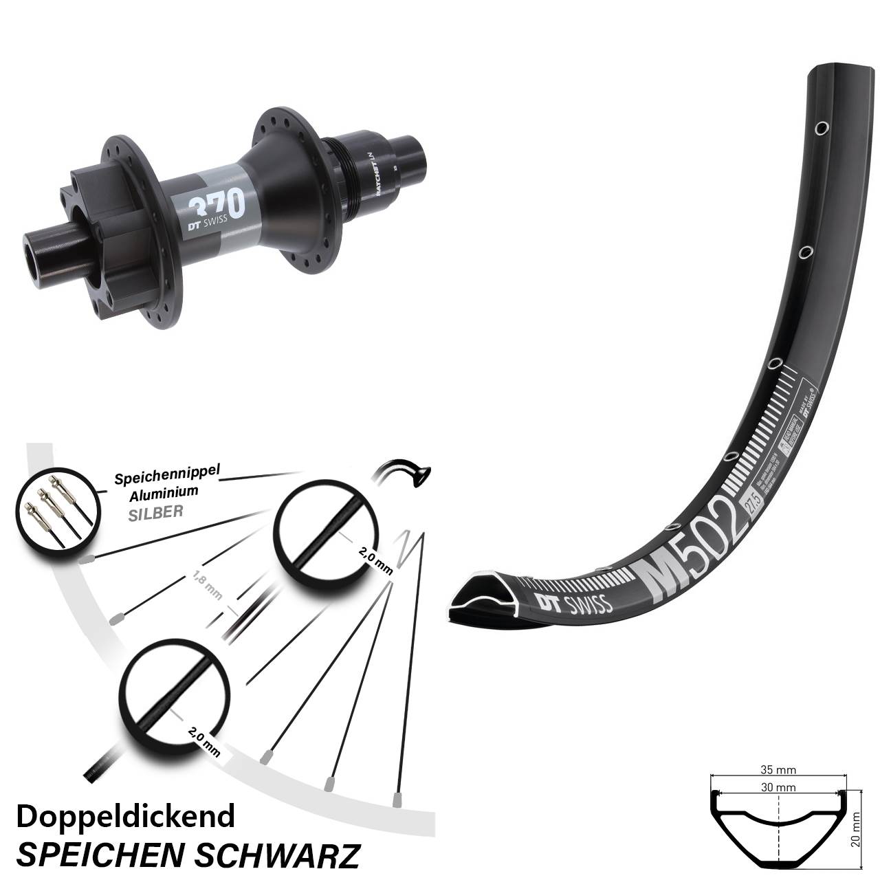 27,5 Zoll Hinterrad DT Swiss M 502 370 6-Loch XD 12x148