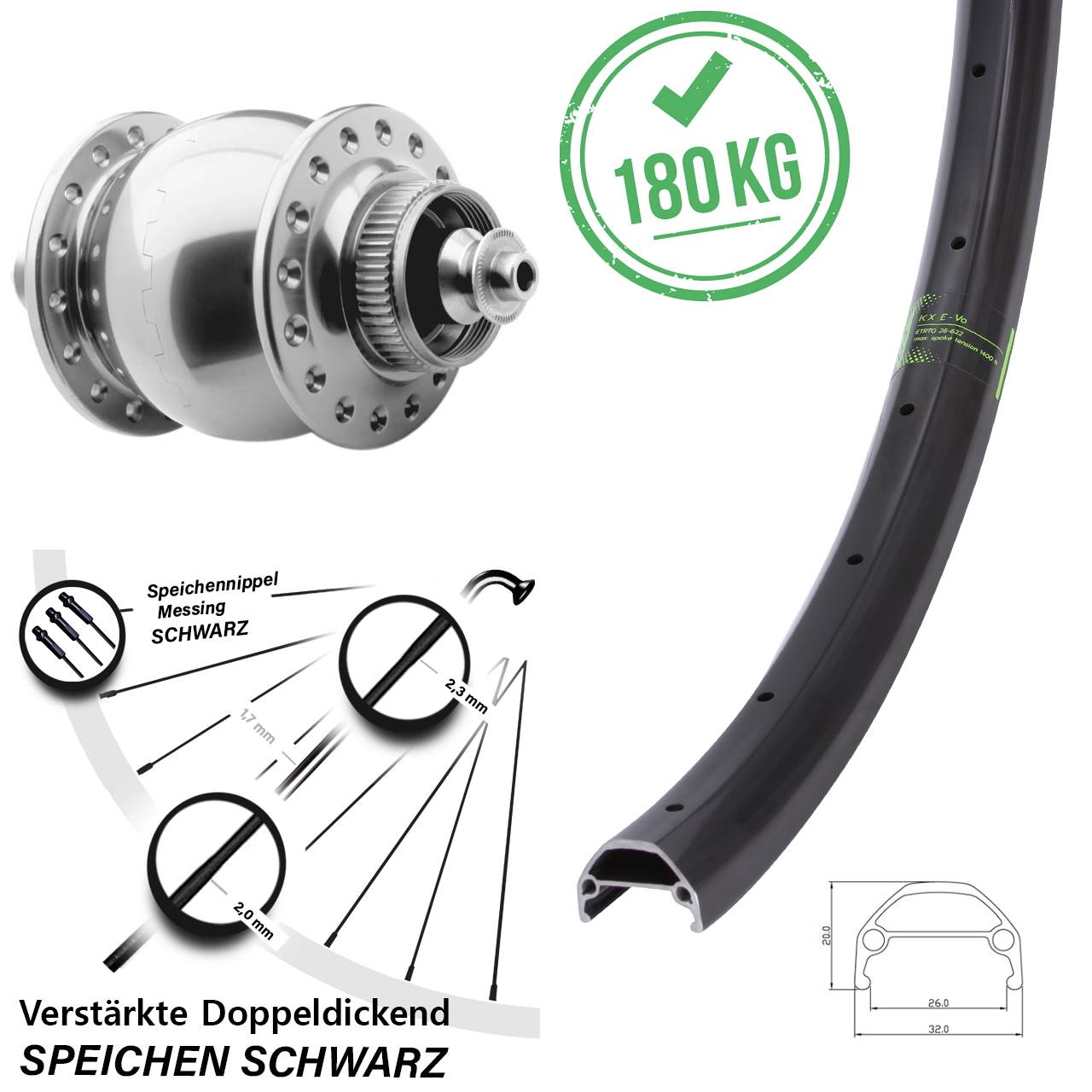 26 Zoll Vorderrad SON 28 KX Evo Lastenrad Nabendynamo Centerlock