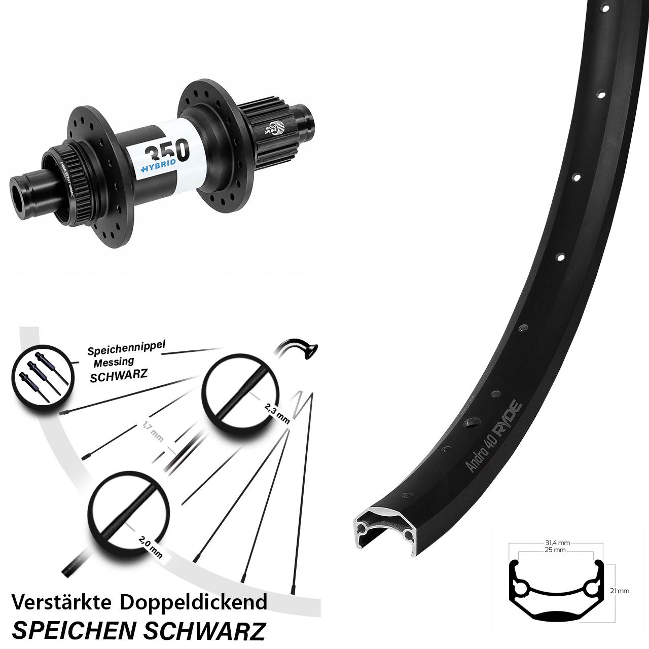 Ryde Andra 40 Disc DT Swiss 350 Hybrid 26 Zoll Hinterrad 12x148 Shimano Micro Spline
