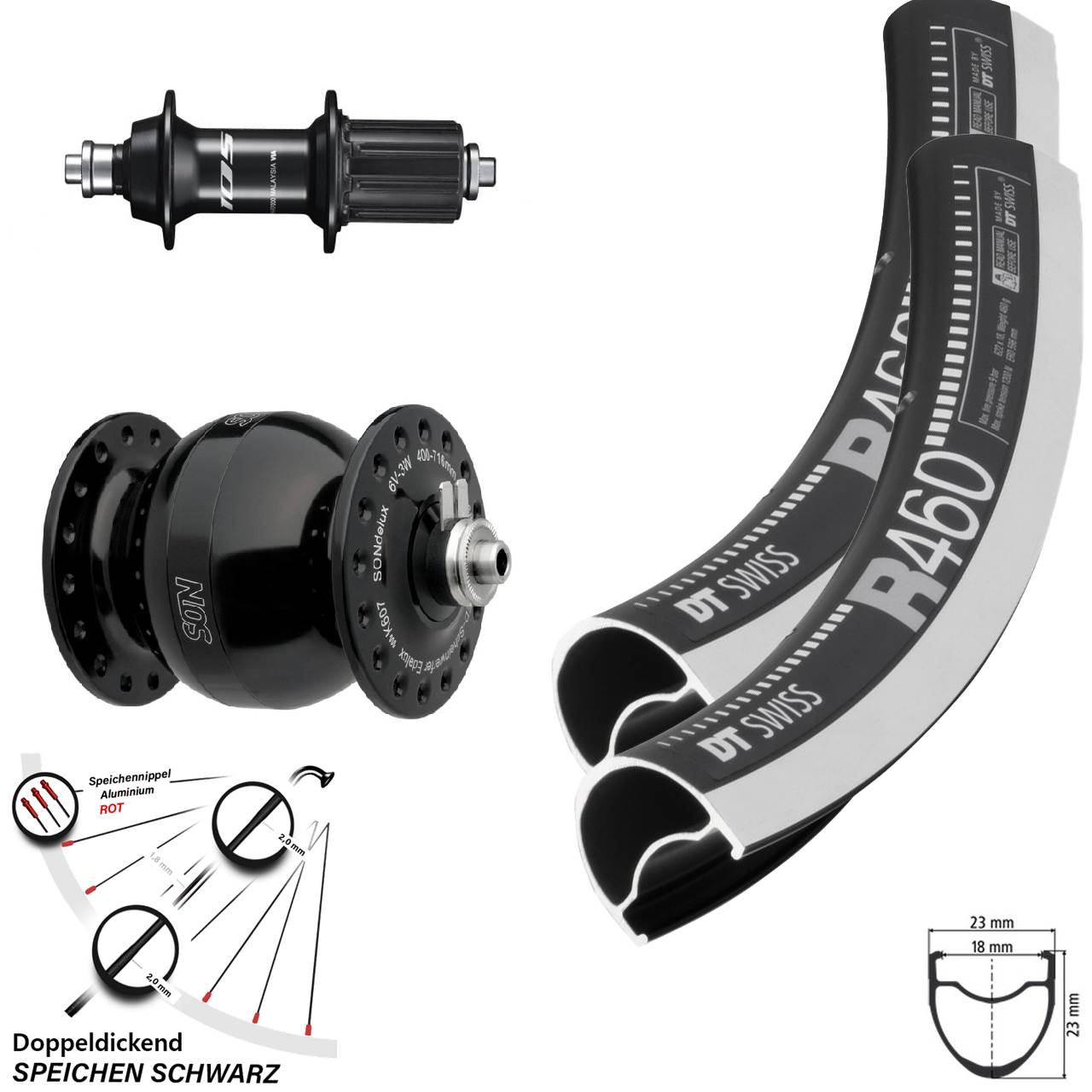 Laufradsatz QR 28 Zoll DT Swiss R 460 CNC Shimano 105 SON delux wide body 8-12 fach HG