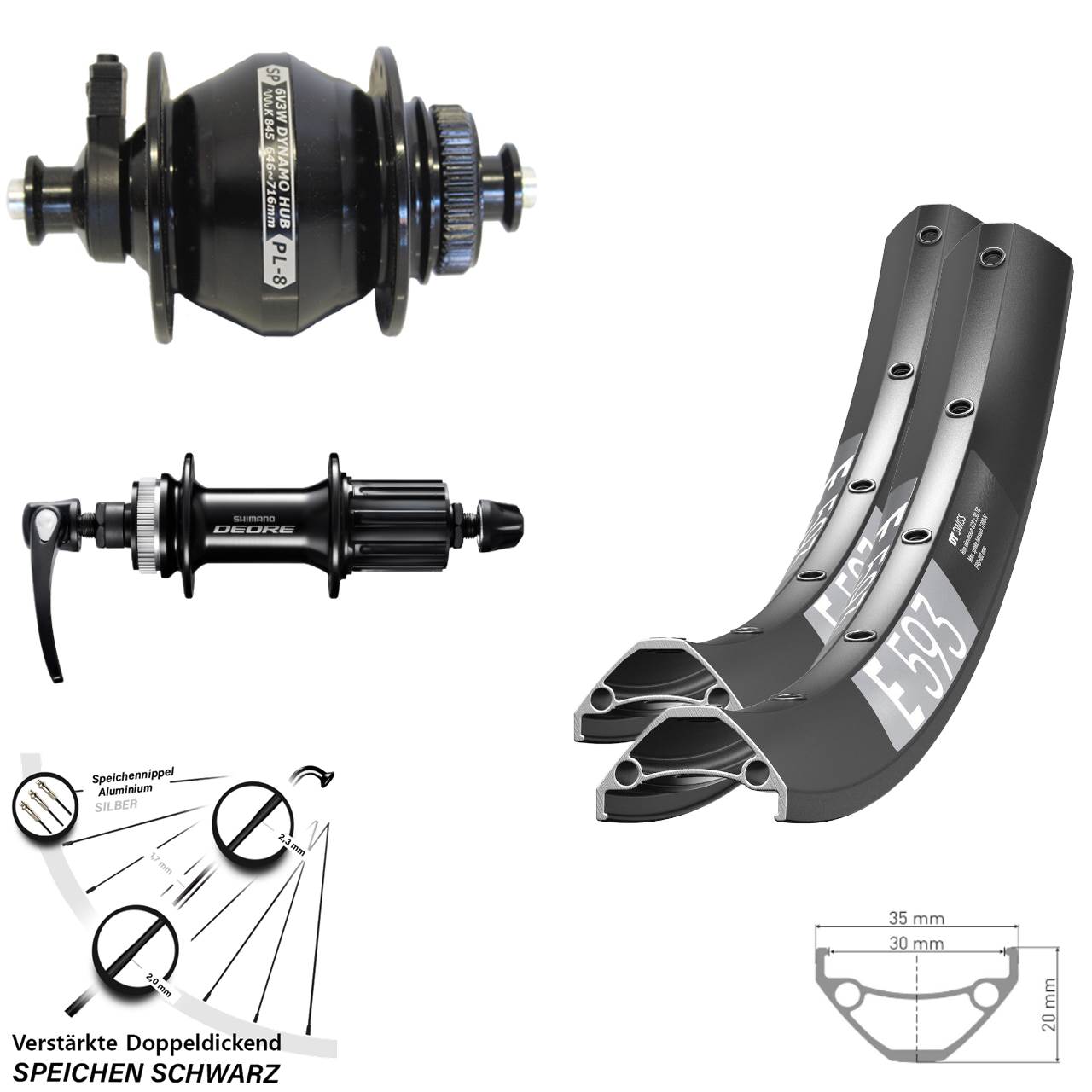 29 Zoll DT Swiss E 593 Shimano Deore Shutter PL-8 Centerlock Laufradsatz QR 8-11 fach
