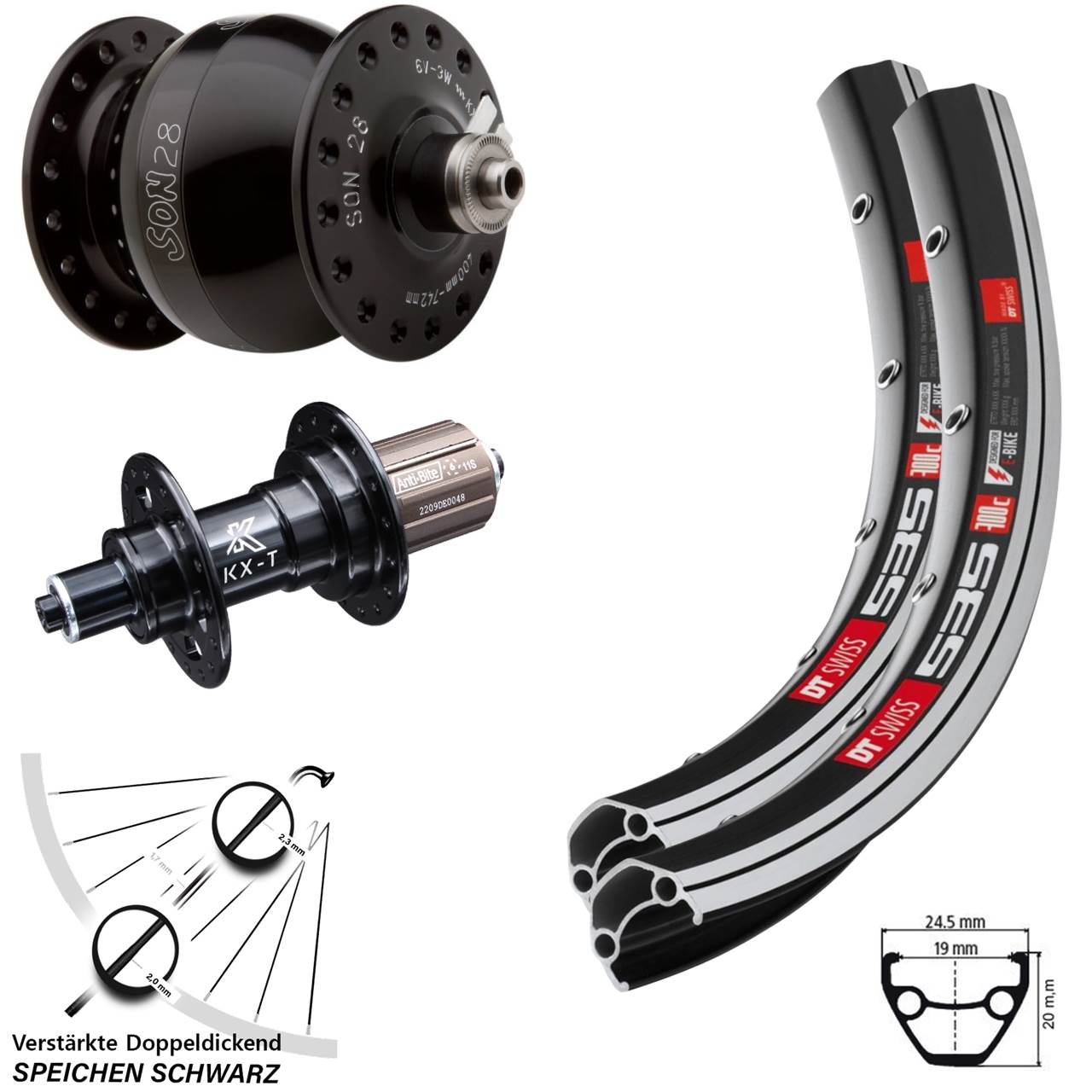 26 Zoll DT Swiss 535 SON 28 KX-T Laufradsatz QR 8-11 fach HG
