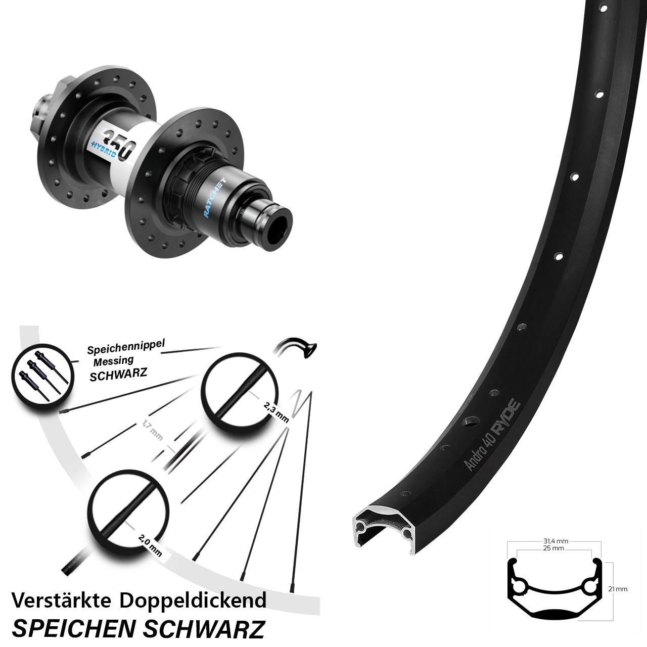 Hinterrad 6-Loch 26 Zoll Ryde Andra 40 DT Swiss 350 Hybrid SRAM XD 12x148