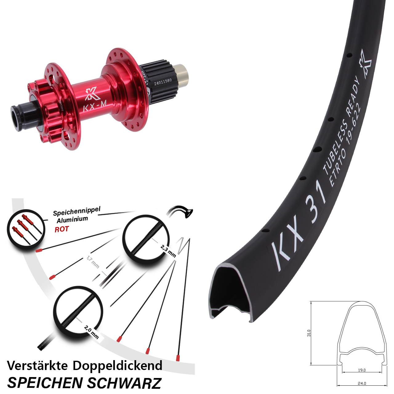 KX-M 31 rot 28 Zoll 6-Loch Hinterrad 12x142 Shimano Micro Spline