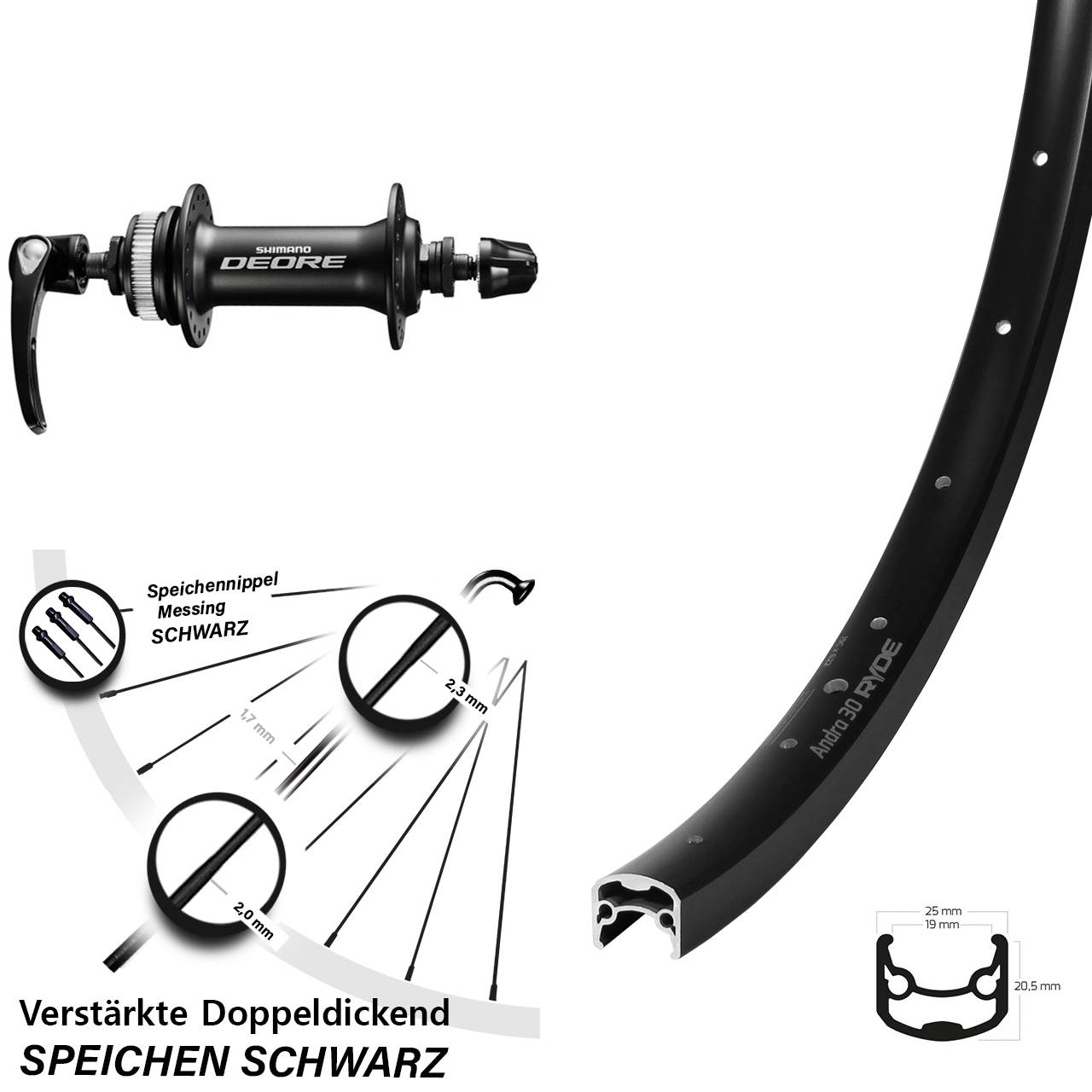 28-29 Zoll Ryde Andra 30 Shimano Deore Vorderrad Centerlock QR