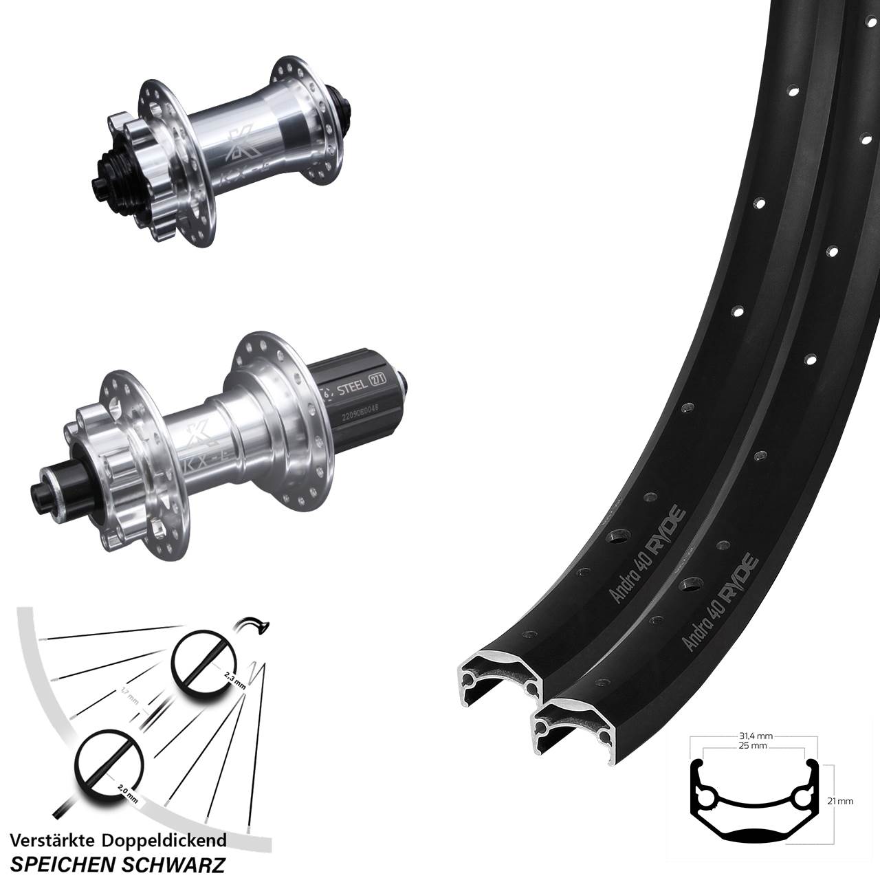 Disc Laufradsatz 26 Zoll Ryde Andra 40 KX-E Heavy Duty verstärkt 8-12 fach HG QR