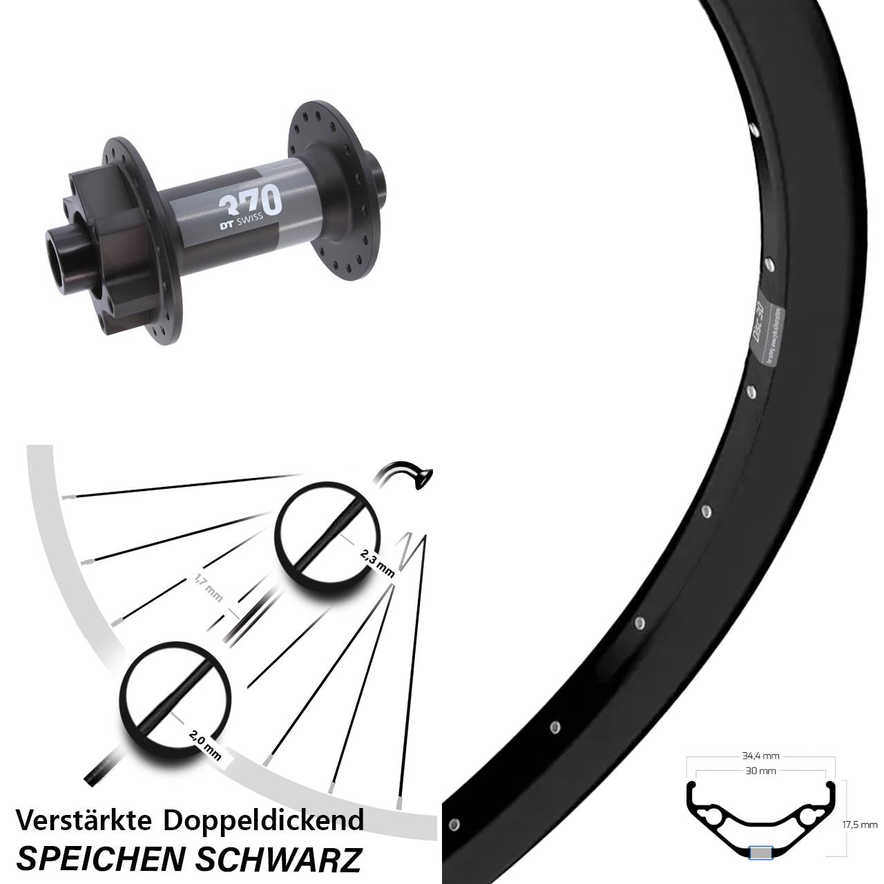 Vorderrad 29 Zoll Ryde Disc 30 DT Swiss 370 15x110 Boost