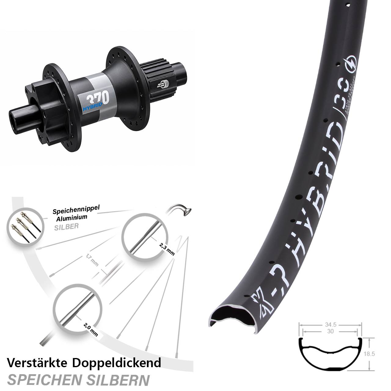 E-Bike Hinterrad KX-R Hybrid 30 DT Swiss 370 Boost 29 Zoll verstärkt Shimano Micro Spline