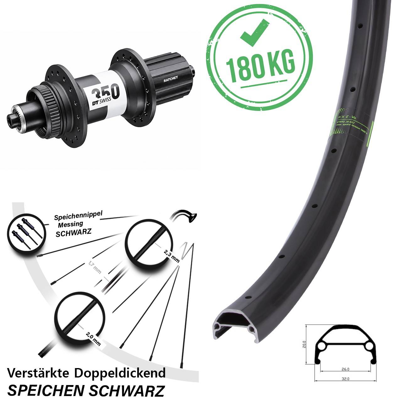26 Zoll KX Evo DT Swiss 350 Hinterrad Centerlock QR 8-11 fach