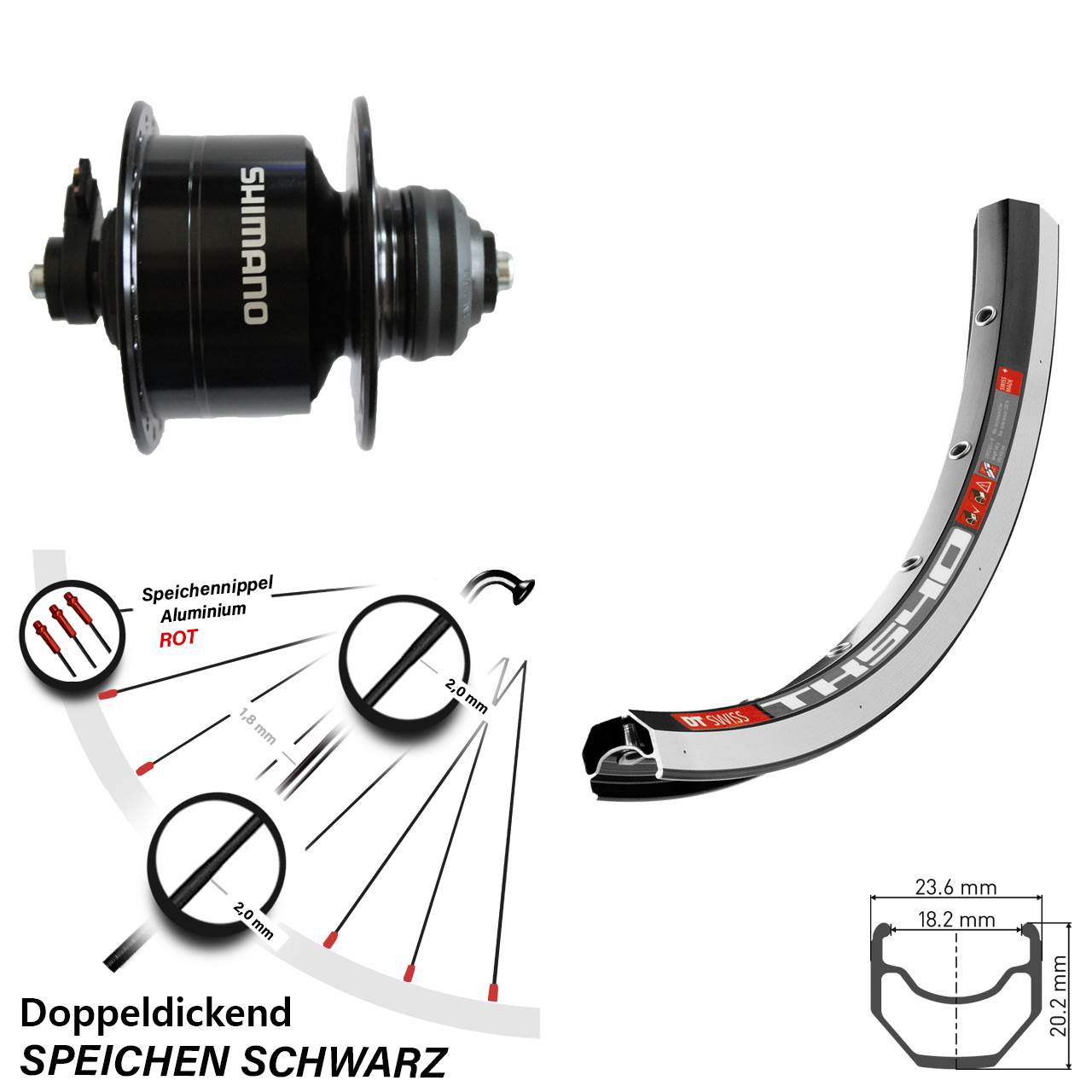 Nabendynamovorderrad QR 28 Zoll DT Swiss TK540 Shimano DH-3D72