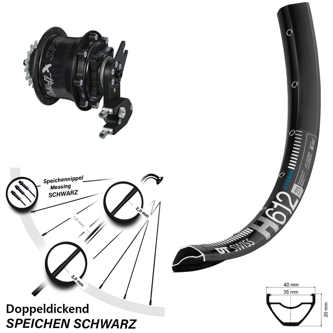 27,5 Zoll DT Swiss H612 Rohloff CC DB OEM2 Tandem schwarz