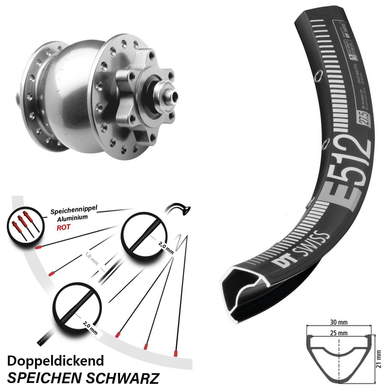 27,5 Zoll DT Swiss E 512 SON 28 6-Loch Nabendynamovorderrad für Schnellspanner