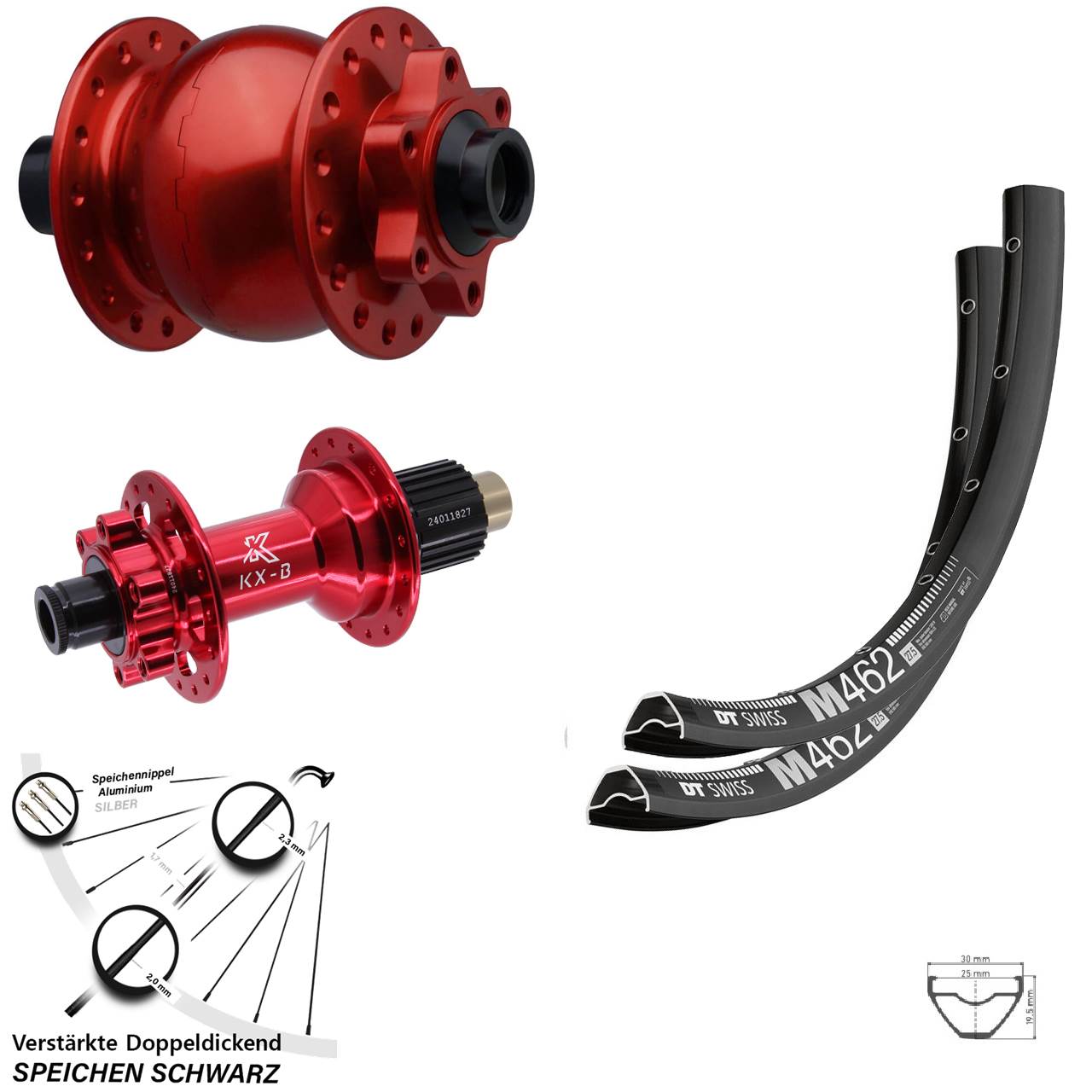 DT Swiss M 462 KX-B rot SON 28 29 Zoll Disc Laufrad-Satz 15x110 12x148 Shimano Micro Splin