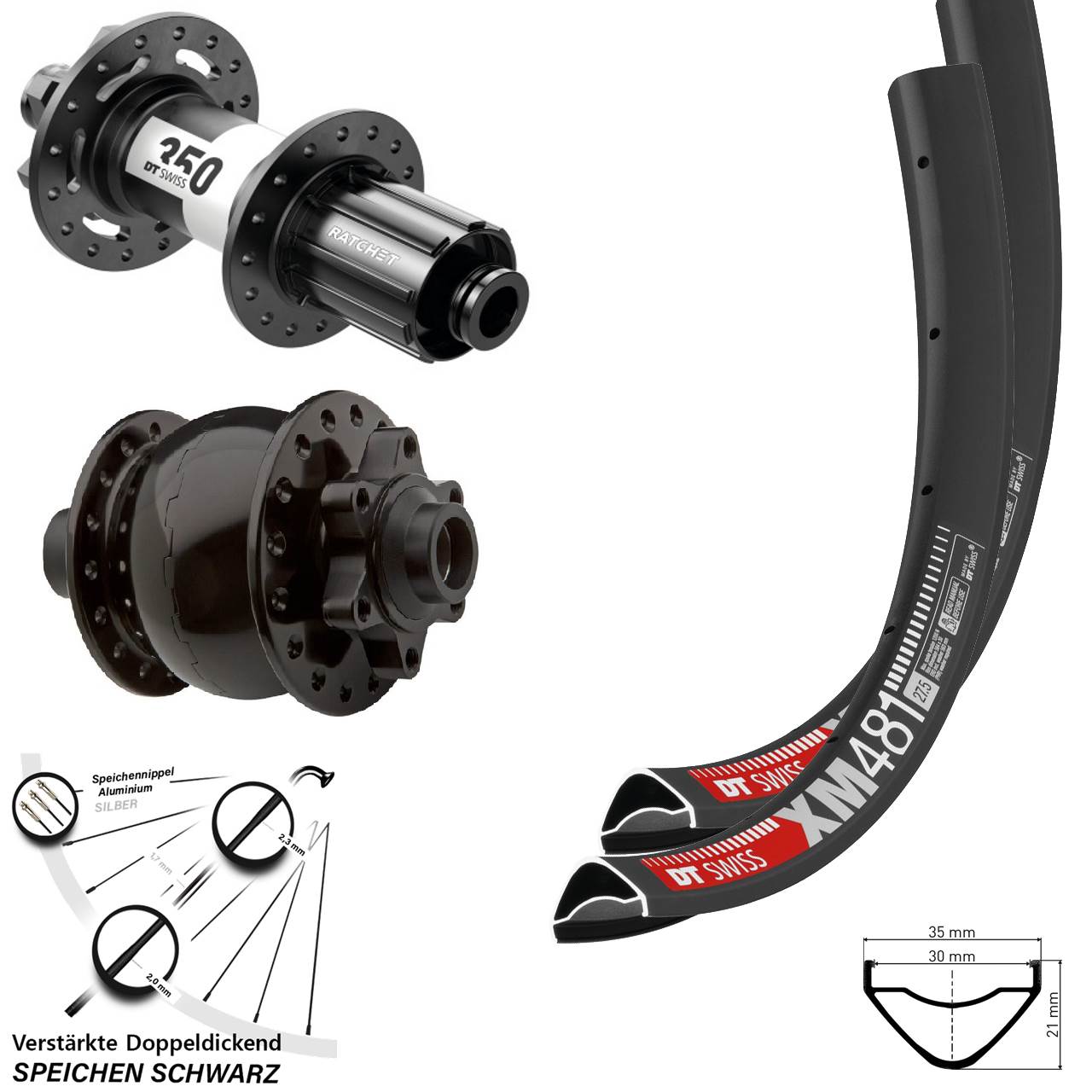 27,5 Zoll DT Swiss XM481-350 SON 28 Laufradsatz 6-Loch 15x100 12x142 8-11 fach HG