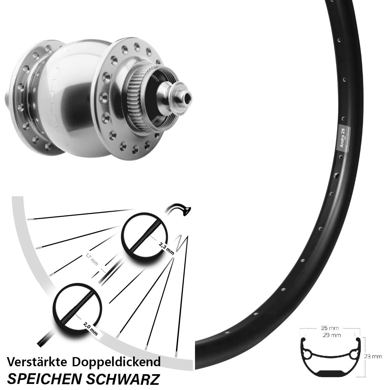 27,5 Zoll Ryde Andra 29 SON 28 Dynamo-Vorderrad Centerlock für Schnellspanner