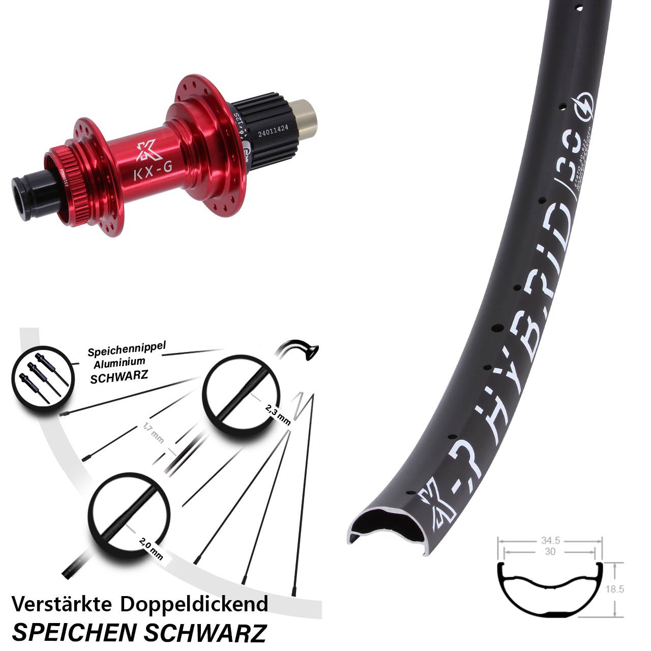 Hinterrad Centerlock 29 Zoll KX-GR Hybrid 30 rot Micro Spline 12x142