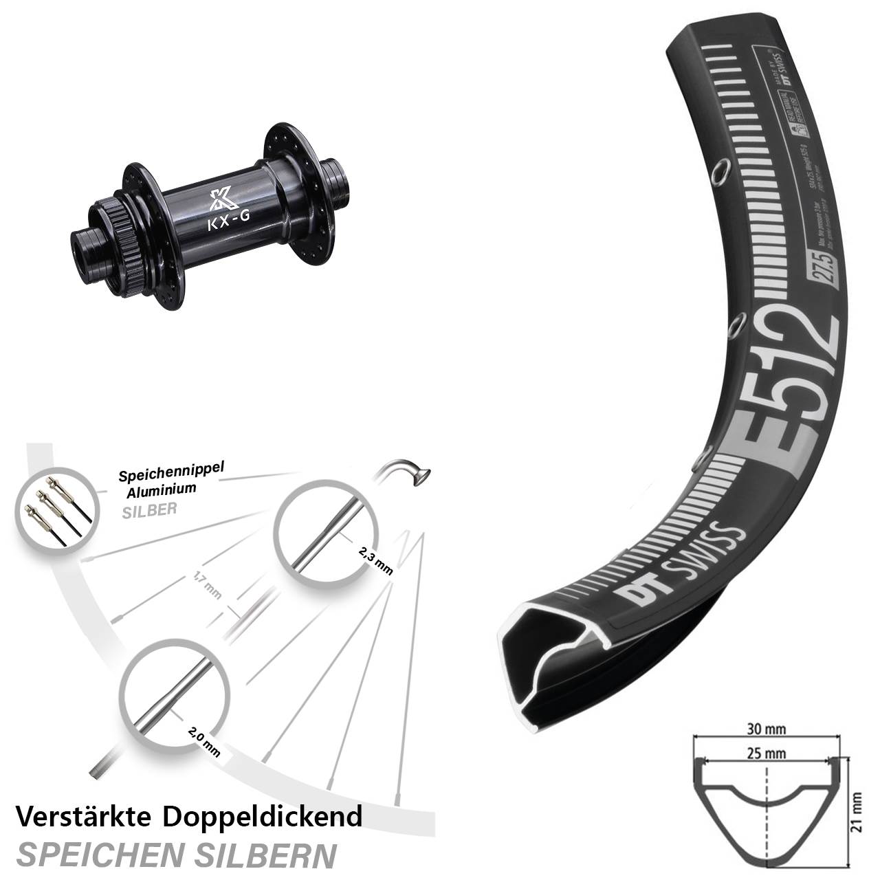 29 Zoll Vorderrad MTB Enduro DT Swiss E 512 KX-G Nabe Centerlock Steckachse 15x100 mm