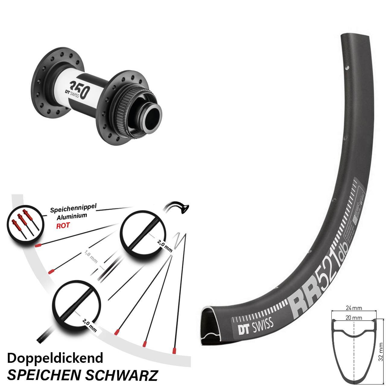 28 Zoll DT Swiss RR 521 350 Disc Vorderrad 15x100