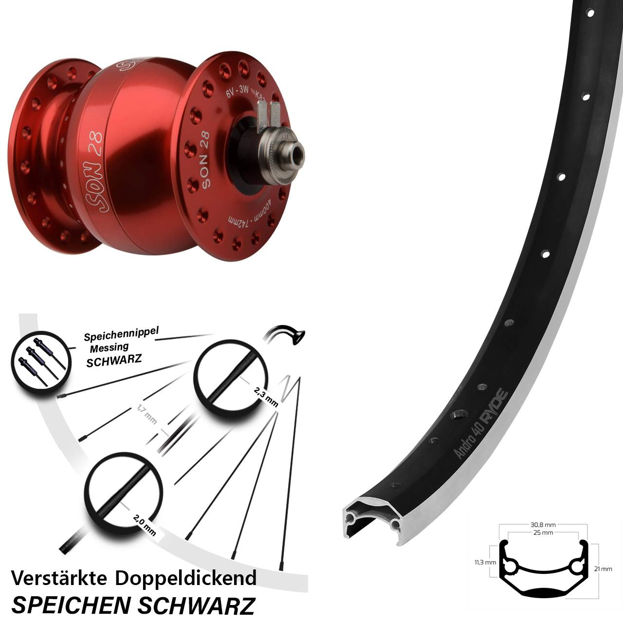 Vorderrad mit Nabendynamo 20 Zoll Ryde Andra 40 SON 28 rot für Schnellspanner