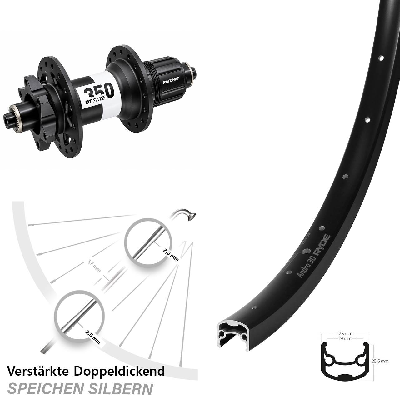 Ryde Andra 30 DT Swiss 350 28 Zoll Disc Hinterrad für Schnellspanner SRAM XD