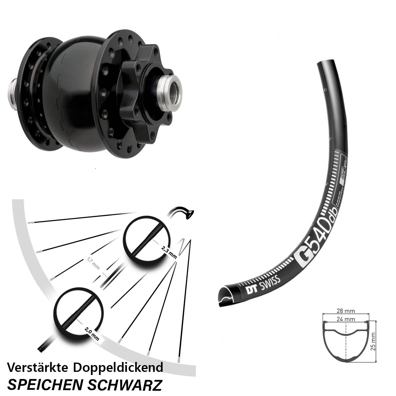 Nabendynamo SON 28 Disc 6-Loch 12x100 Steckachse DT Swiss G540 Vorderrad 27,5 Zoll schwarz