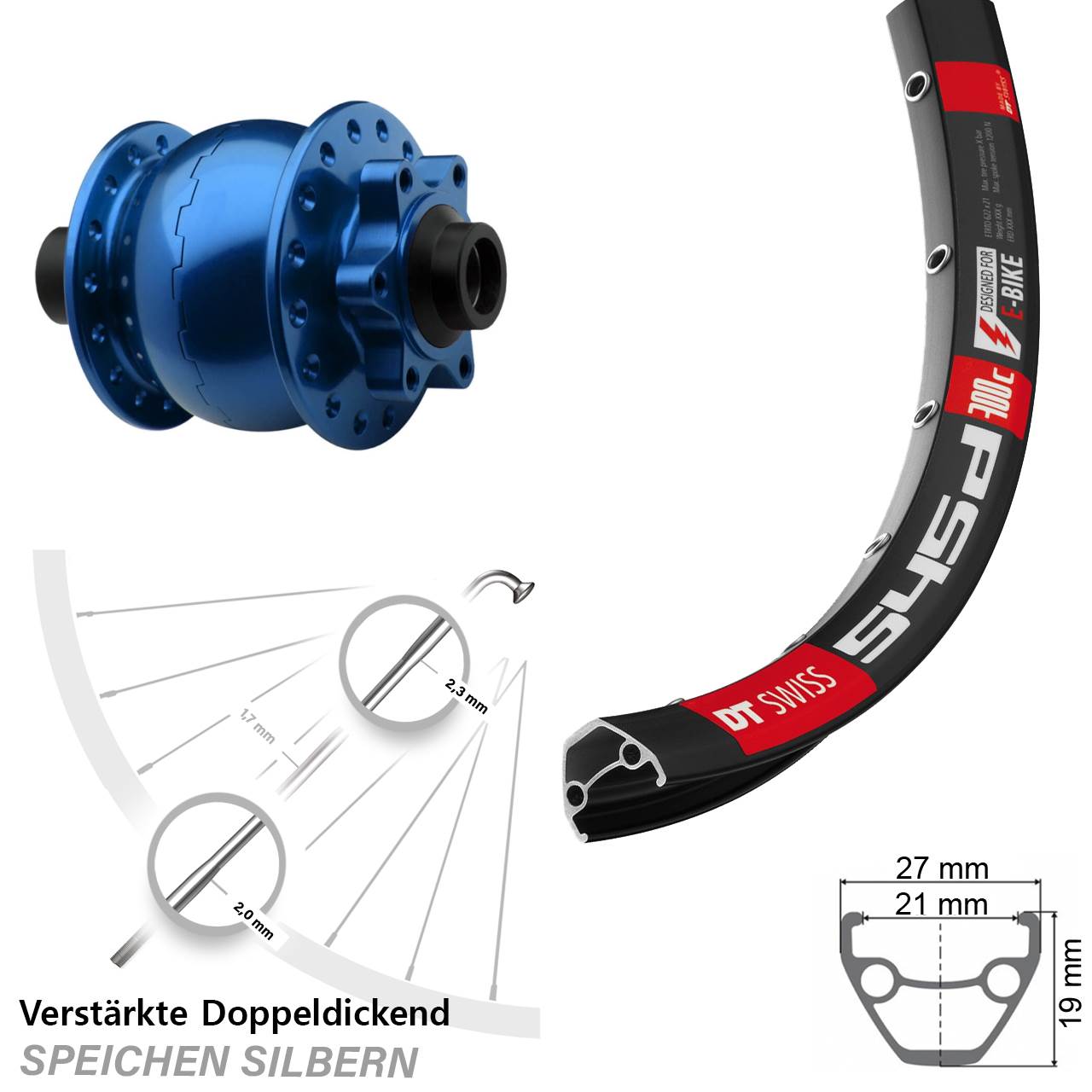 26 Zoll DT Swiss 545 SON 28 blau Disc Vorderrad mit Nabendynamo 15x100