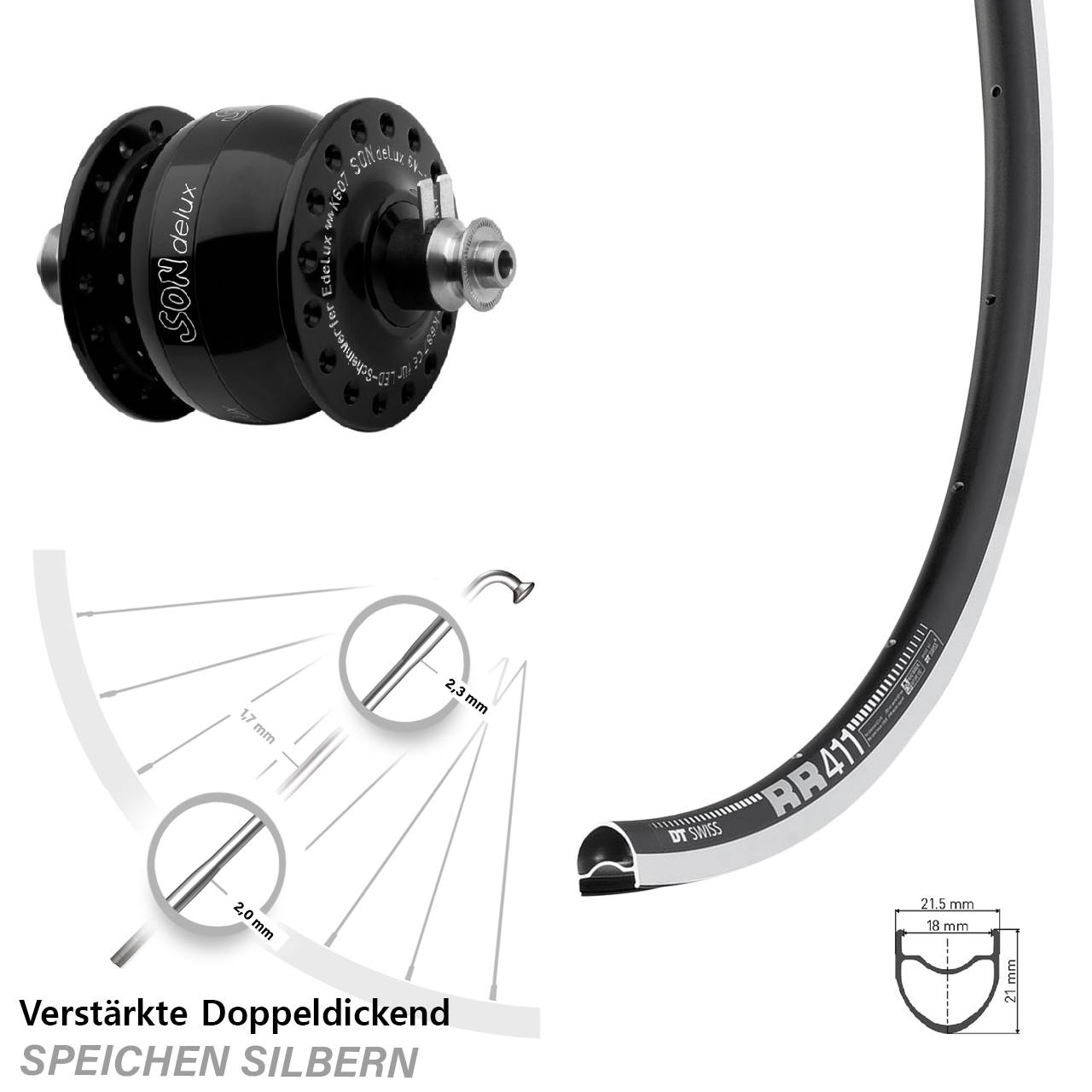 Nabendynamolaufrad für Schnellspanner 28 Zoll DT Swiss RR 411 SONdelux
